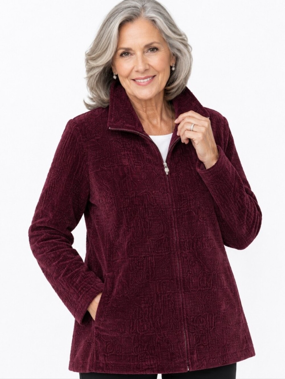 Susan Graver Plush Zip-Up Jacket in Burgundy (Size:1x)